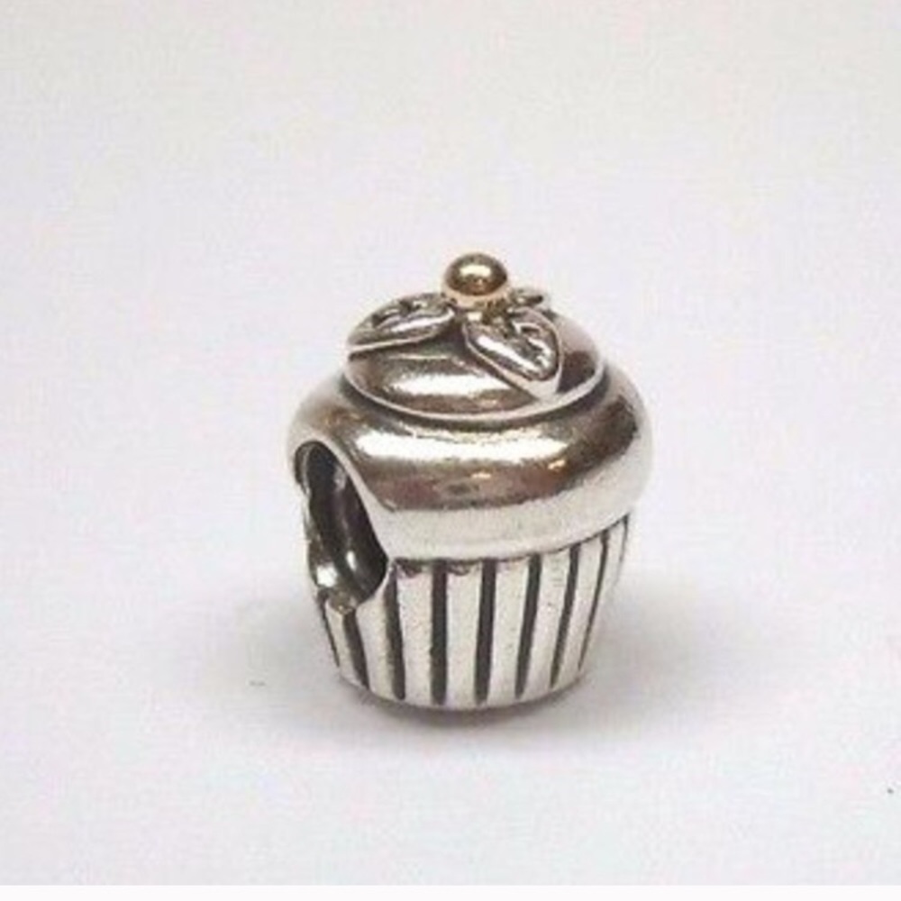 Pandora Cupcake Charm🧁 Retired 🧁14K 585 Gold Cherry Accent Sterling Silver Charm